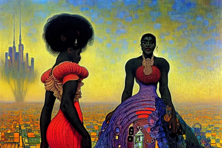 Prompt: realistic extremely detailed closeup portrait painting of a beautiful black woman in a dress with a robot, city street on background by Jean Delville, Amano, Yves Tanguy, Ilya Repin, Alphonse Mucha, William Holman Hunt, Ernst Haeckel, Edward Robert Hughes, Roger Dean, rich moody colours