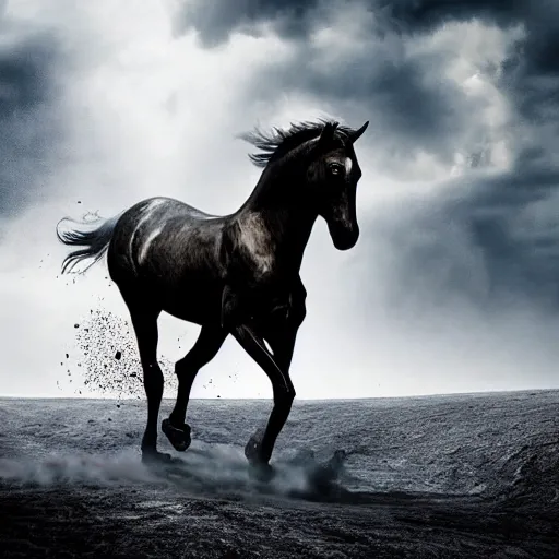 Prompt: hyper realistic picture of the horse rider of the apocalypse decending the sky on the verge of human extintion, deep shadows, high contrast, ash atmospher, nuclear winter