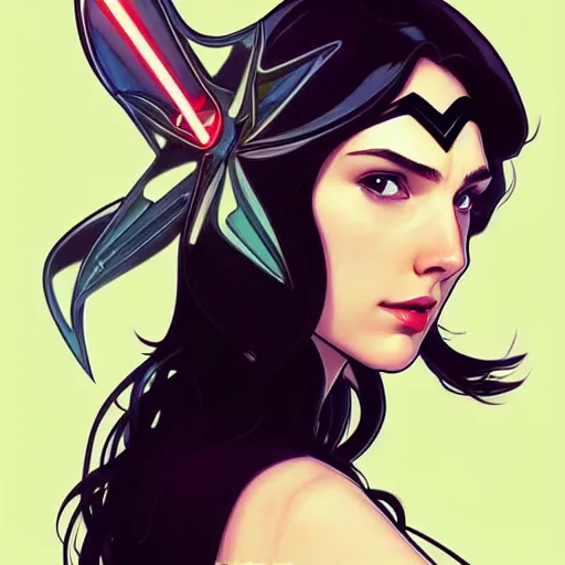 Image similar to a beautiful gal gadot as an superhero winona ryder fighting crime, art by ilya kuvshinov and lois van baarle and alphonse mucha and ross tran and range murata and artgerm, digital art, highly detailed, profile picture, intricate, sharp focus, trending on artstation hq, deviantart, pinterest, unreal engine 5, 4 k uhd image