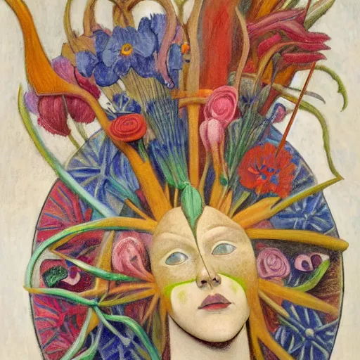 Prompt: painting of a facemask made of flowers, by annie swynnerton and jean delville and edward hopper and evelyn de morgan and rufino tamayo, art deco flower shaman, art brut, outsider art, symbolist, dramatic lighting, god rays, elaborate geometric ornament, clean crisp graphics, smooth sharp focus, extremely detailed, adolf wolfli