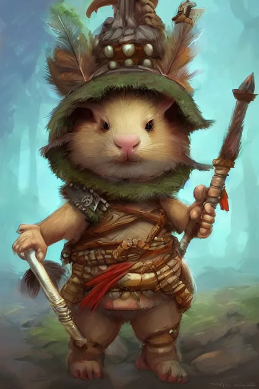 Image similar to cute little anthropomorphic Guinea Pig Indian Jungle native, tiny, small, short, wielding spear, cute and adorable, pretty, beautiful, DnD character art portrait, matte fantasy painting, DeviantArt Artstation, by Jason Felix by Steve Argyle by Tyler Jacobson by Peter Mohrbacher, cinematic lighting