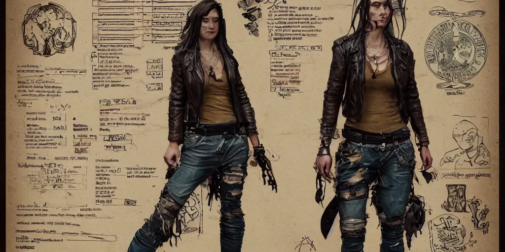 Prompt: female wanderer with tattooed arms and legs wearing an old scratched leather and ripped aviator leather jeans, wearing a short black jacket with rusty medals on it, character sheet, head details, props, concept design, contrast, kim jung gi, greg rutkowski, trending on artstation, 8 k, full body, turnaround, ultra wide angle, pincushion lens effect