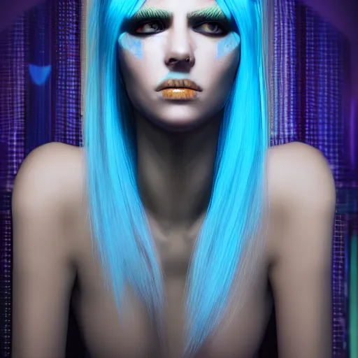 Image similar to a portrait of a cyberpunk woman, blue neon hair, hyperdetailed, rtx, hdr, 3 d render, octabe render, 8 k.