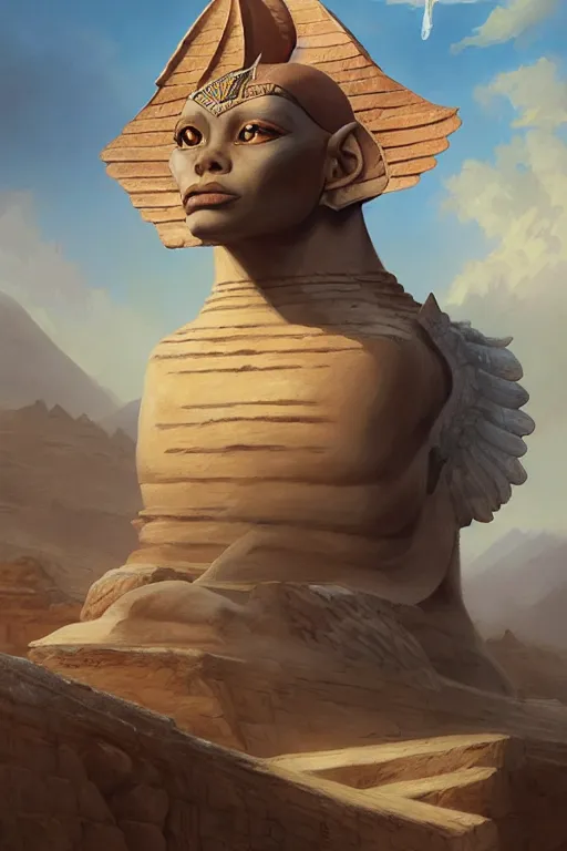 Image similar to legendary sphinx, highly detailed, d & d, fantasy, highly detailed, digital painting, trending on artstation, concept art, sharp focus, illustration, global illumination, ray tracing, realistic shaded, art by artgerm and greg rutkowski and fuji choko and viktoria gavrilenko and hoang lap, sunny