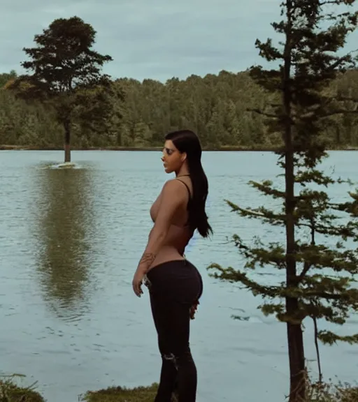 Image similar to rear waist shot film still of kim kardashian wearing high waist jeans, standing by a lake, intricate, elegant, highly detailed, smooth, sharp focus.