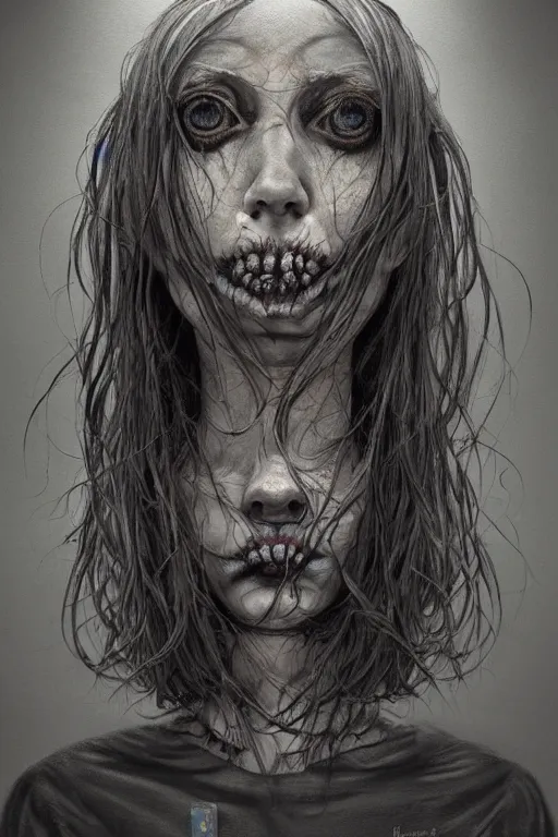 Image similar to low angle surrealism crayon cartoon grunge of a creepy horror nurse girl . intricate artwork. nightmare fuel. terrifying. by zdzisław Beksiński, wlop, dan mumford , trending on artstation, greg rutkowski very coherent symmetrical artwork. cinematic, hyper realism, high detail, octane render, 8k