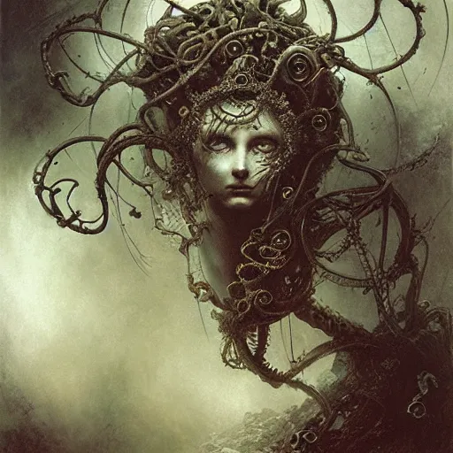 Prompt: biomechanical medusa by gustave dore and gustave moreau and beksinski and giger and craig mullins and jeremy mann