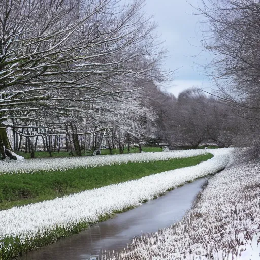 Prompt: a field of snowdrops, next to a river in early spring