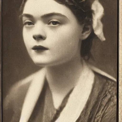 Image similar to headshot edwardian photograph of middle - aged elle fanning, realistic face, 1 9 0 0 s, 1 9 1 0 s, 1 9 2 0 s, grainy, victorian, detailed, slightly blurry