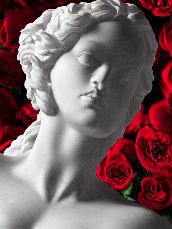 Image similar to portrait art venus of milo sculpture made of white marble, concept art, red roses exploding from her heart, volumetric lighting, hyperrealistic, focused, extreme details, masterpiece, fine details