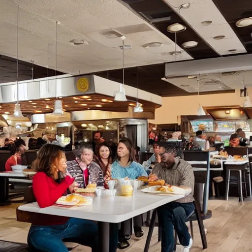 Image similar to realistic wafflehouse restaurant interior with employees and people eating breakfast