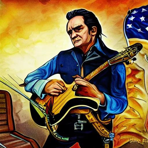 Image similar to fantasy art ultra detailed color johnny cash as a revolutionary war warrior bayoneting a traitor fbi agent