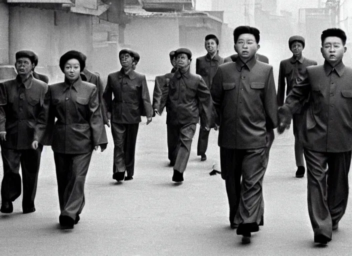 Image similar to kim jong - il clone army walking in 1 9 6 0 s pyongyang, epic thriller in the style of ghost in the shell by mamoru oshii, blur very realistic movie still, backlighting