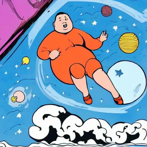 Prompt: some really obese man taking a leap of faith through space, only for his body to rapidly inflate due to lack oxygen