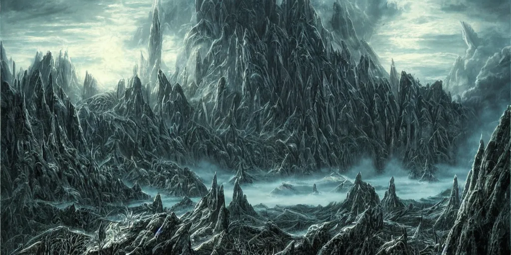 Prompt: ultra realistic illustration, epic high fantasy landscape. elric of melnibone graphic art print by michael whalen