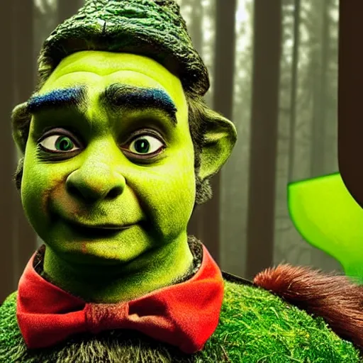 Prompt: very very very very highly detailed, epic, central composition, photo of Mr Bean as Shrek in the forest, intricate, happy colors, extremely detailed, hyper realistic award winning Shrek photography