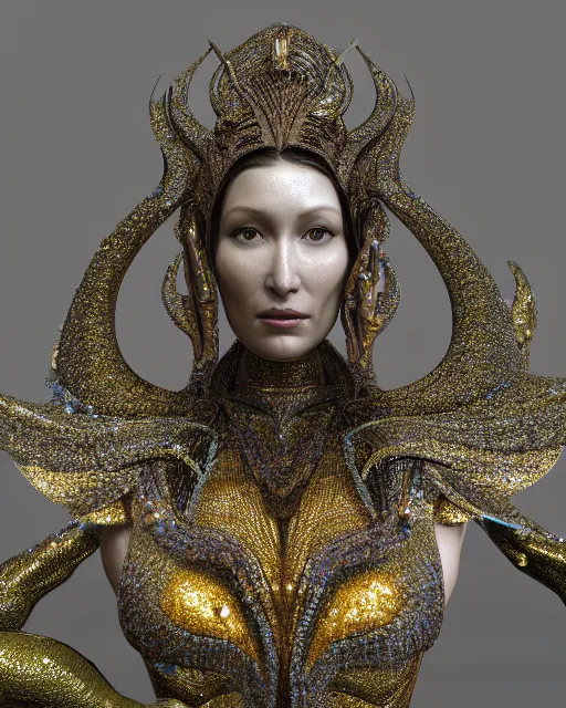 Image similar to a highly detailed metahuman 4 k close up render of an alien goddess bella hadid monument shakti in iris van herpen dress schiaparelli in diamonds crystals swarovski and jewelry iridescent in style of alphonse mucha gustav klimt trending on artstation made in unreal engine 4