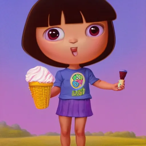 Image similar to dora the explorer as real girl holding ice cream, in lowbrow style, Pop Surrealism digital art by Mark Ryden and Todd Schorr, artstation