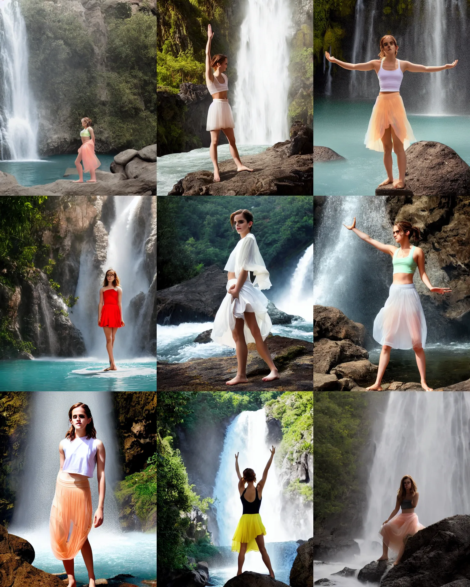 Prompt: a photo of emma watson standing in a yoga pose wearing short translucent skirt and translucent top standing underneath a waterfall, natural light, photoreal, photo by Patrick Gleason