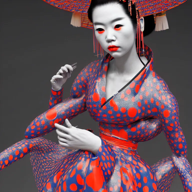 Image similar to hyperrealistic detailed image of a geisha in a art installation room, hd smooth interior by yayoi kusama, part by kei mieno, part by ross tran, dark art by james jean, ultra realistic, highly detailed, life like face, detailed body, 8 k, 3 d render by roger magrini, masterpiece