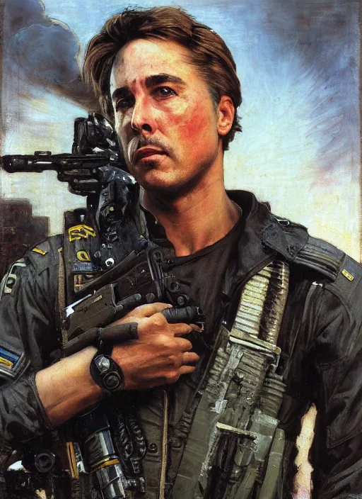 Image similar to Don Johnson. cyberpunk USN marine wearing a military vest and combat gear. (Cyberpunk 2077, bladerunner 2049, rb6s). Squarish face. Iranian orientalist portrait by john william waterhouse and Edwin Longsden Long and Theodore Ralli and Nasreddine Dinet, oil on canvas. Cinematic, hyper realism, realistic proportions, dramatic lighting, high detail 4k