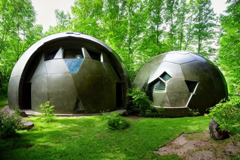 Image similar to spectacular green dome house by buckminster fuller and kristoffer tejlgaard, earthship, optimus sun orientation, north hemisphere,