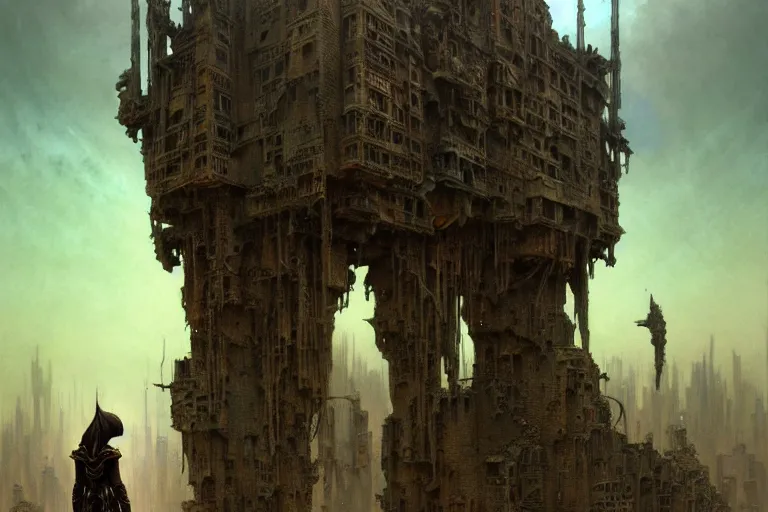 Prompt: a mech standing in a ruined city, fantasy, intricate, elegant, dramatic lighting, highly detailed, lifelike, photorealistic, digital painting, artstation, concept art, smooth, sharp focus, illustration, art by Beksinski and John Collier and Albert Aublet and Krenz Cushart and Artem Demura and Alphonse Mucha