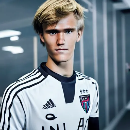 Image similar to a realistic detailed photo of a guy who is an attractive humanoid who is half robot and half humanoid, who is a male android, soccer player martin ødegaard, shiny skin, posing like a statue, blank stare, in a gaming room, on display