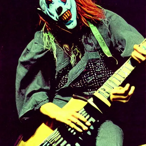 Prompt: Psychotic clown playing 7-string-guitar, concert, concert lighting, Slipknot, 2002, MTV, VHS quality