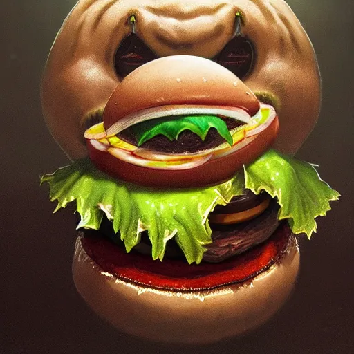 Image similar to a monster with a hamburger head on a suit, hamburger monster, burger face, burger with human eyes, burger with a mouth, very detailed eyes, character concept art, fantasy, intricate, fantasy drawing, illustration, highly detailed, hyperrealistic, cgsociety, artstation, oil painting by greg rutkowski