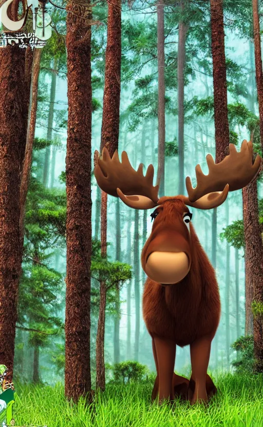 Image similar to pixar moose in japanese pines, trading card front, kimono, realistic anatomy, cosplay photo, professional, by ufotable anime studio, green screen, volumetric lights, stunning, sun in the background, generate realistic face, pretty eyes,