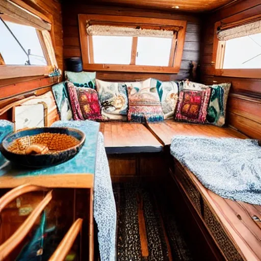 Image similar to a houseboat galley decorated in a witchy bohemian style, 4 k interior design photography