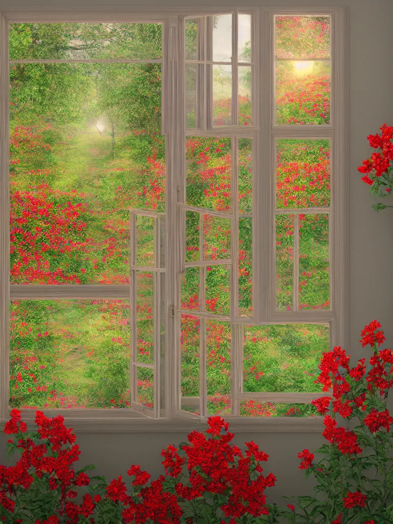 Prompt: a interior photo of a vintage house single window with view to the sunrise near some red flowers, hyperrealistic, digital painting, masterpiece, high quality, highly detailed, high coherence, path traced, serene landscape, beautiful, elegant, bloom, godrays, complementary colors, natural lighting, symmetrical, low contrast, geometrically correct