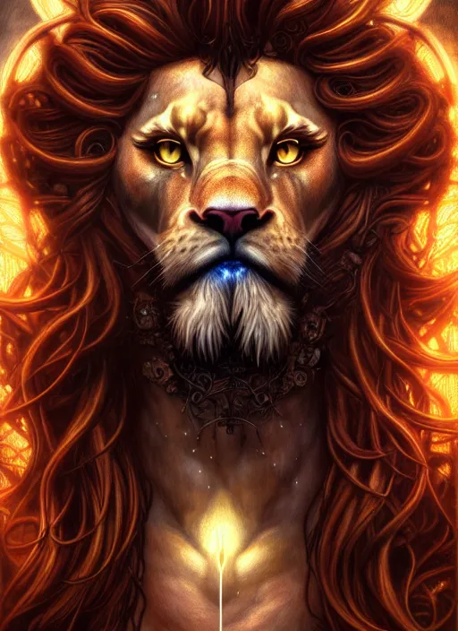 Image similar to portrait of demigod hercules, long wavy auburn hair, lion mane, glowing eyes, volumetric lights, forest, art nouveau botanicals, gothic, intricate, highly detailed, digital painting, artstation, concept art, smooth, sharp focus, symmetric face, illustration, steampunk, art by artgerm and greg rutkowski and alphonse mucha