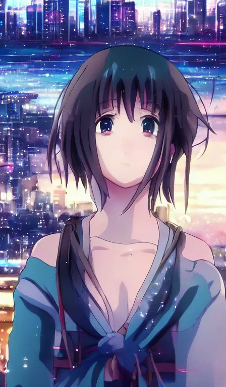 Prompt: anime fine details portrait of Mizore Shirayuki in front of cyberpunk modern city landscape on the background deep bokeh, close-up view, anime masterpiece by Studio Ghibli, 8k, sharp high quality anime, artstation