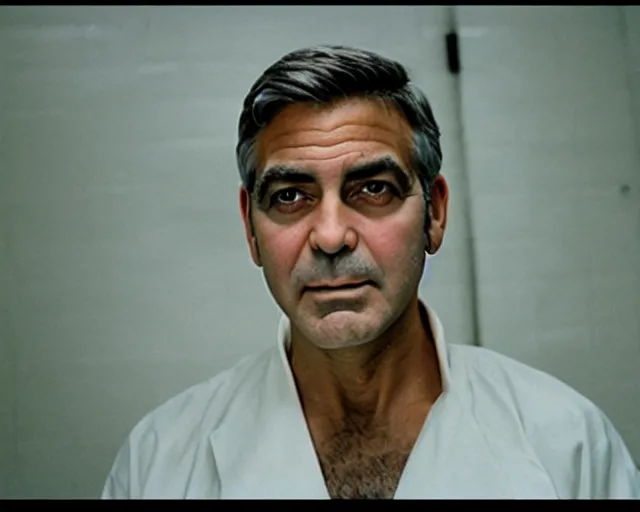 Prompt: color photo of george clooney in a white straight jacket, very happy face, sad, crying, insane asylum white padded room