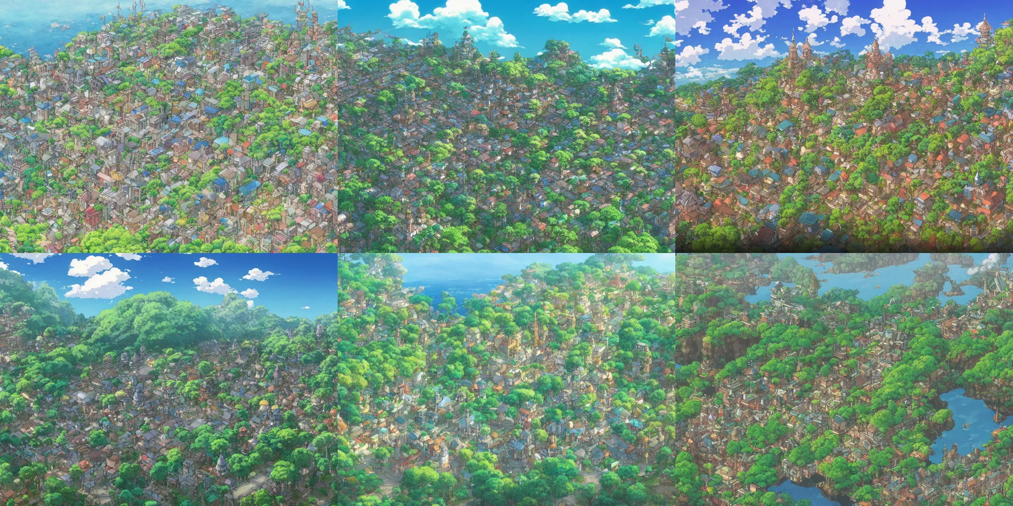 Prompt: an incredibly beautiful establishing shot from a studio ghibli film featuring utopian fantasy village ; very detailed, sharp, trending on artstation, pixiv, anime production by hayao miyazaki ; official media, 4 k