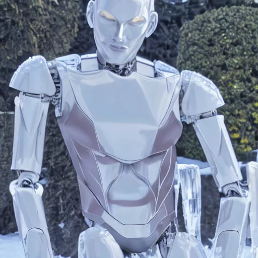 Image similar to made of ice, a realistic detailed photo of a guy who is an attractive humanoid who is half robot and half humanoid, who is a male android, on display, blank stare, showing off his muscles, shiny skin, posing like a statue, by the pool, frozen ice statue, twitch streamer / gamer ludwig, humanoid robot