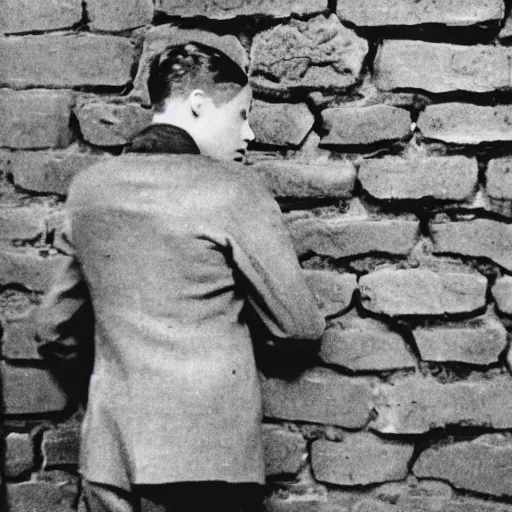 Prompt: A terrified young man in 1930s attire cornered with his back against a stone wall