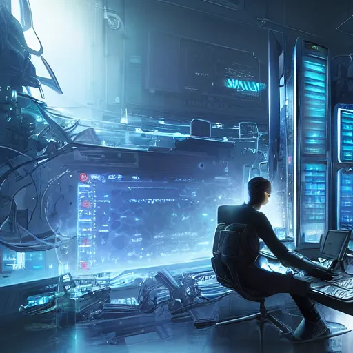 Image similar to hacker hacking into the mainframe, fantasy, hd, volumetric lighting, 4 k, intricate detail, by jesper ejsing, irakli nadar