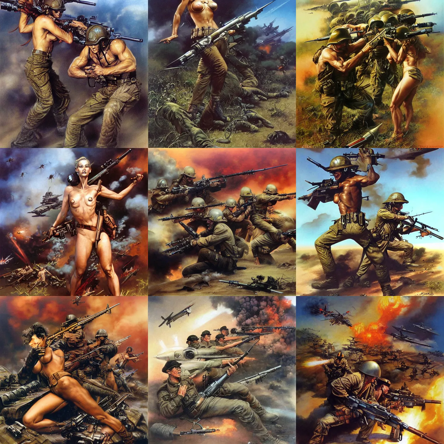 Prompt: vietnam war firefight by boris vallejo, julie bell, luis royo, frank frazetta