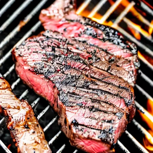 Prompt: a thick steak cooking on a charcoal grill