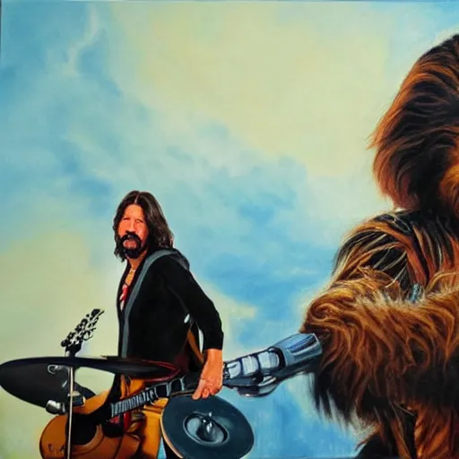 Image similar to wookie dave grohl, flying millenium falcon, hans solo playing drums in background, hyperrealism