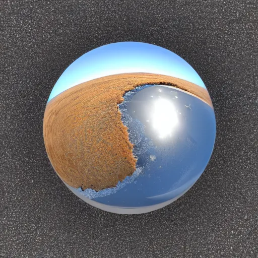 Prompt: macro photo bright day of a tiny sphere with a mirrored surface on the ground in the gobi desert 1996 3d render