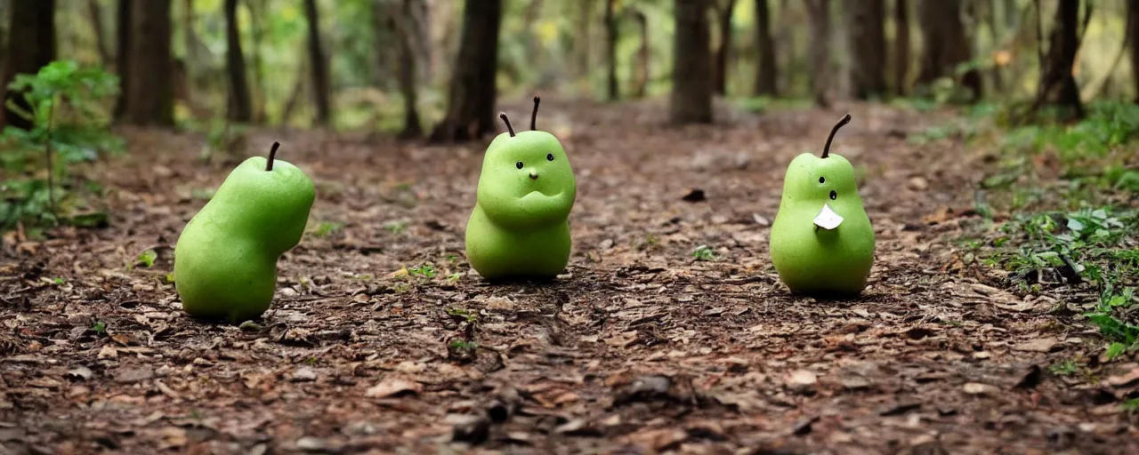 Image similar to a cute green pear animal walking in front of a forest, and looking at the camera; nature photography