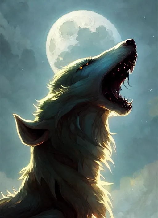 Prompt: Fenrir howling ,moon background, Nordic landscape, fantasy magic, dark light night, sharp focus, digital painting, concept art, d&d, art by WLOP and Artgerm and Greg Rutkowski and Alphonse Mucha