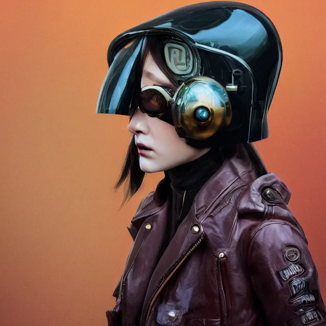 Image similar to highly detailed close portrait of androgynous girl wearing bakelite leather jacket, bakelite rocky mountains, japanese haunted forest, by hsiao - ron cheng and artgerm, modular synthesizer helmet backpack, the grand budapest hotel, glow, no crop, digital art, artstation, pop art, 1 0 5 mm canon, f 2. 8, kodak