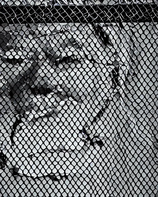 Image similar to black and white dramatic gritty pen art of a face shape in a chain link fence