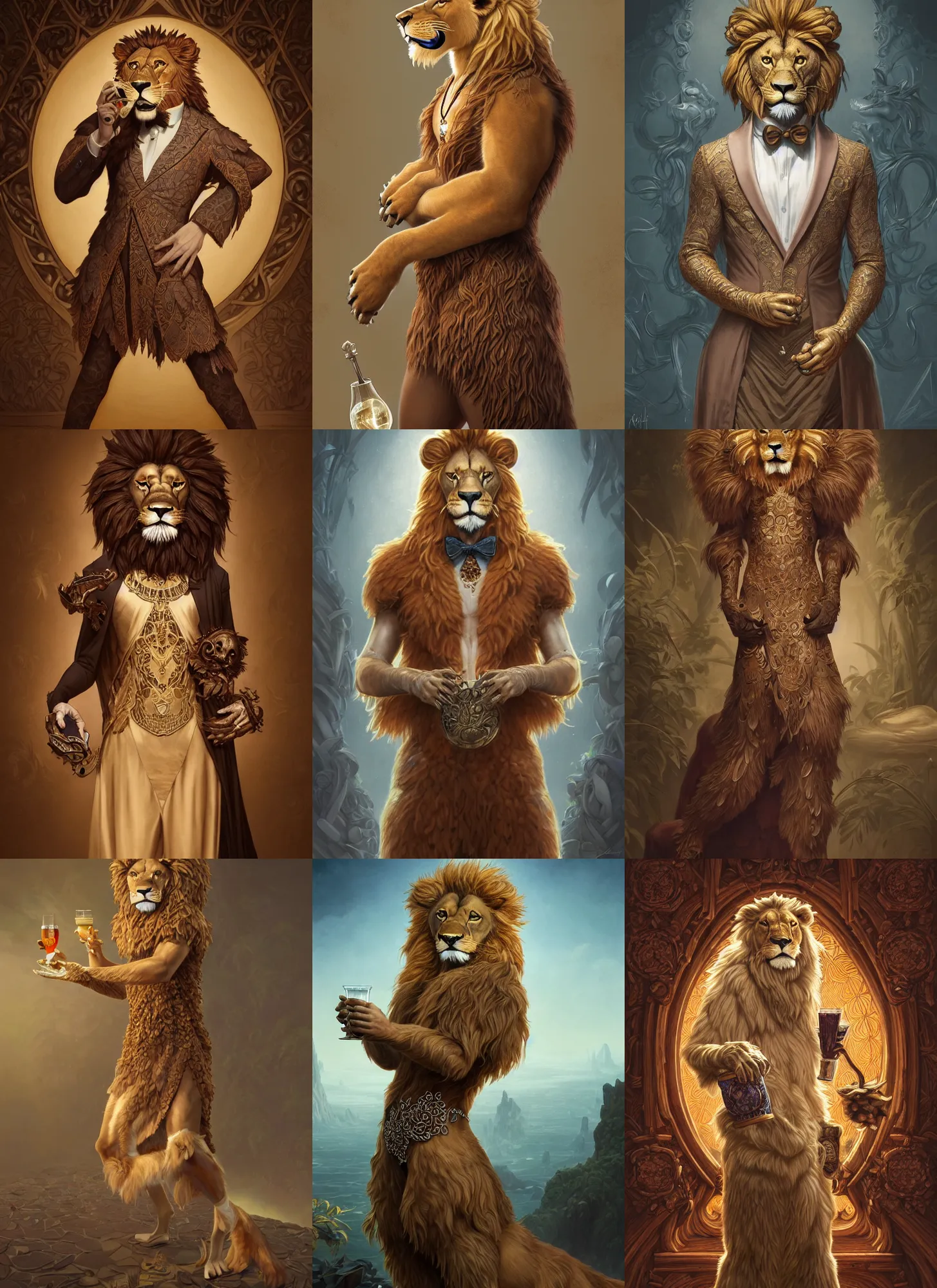 Prompt: full body photograph of a male anthropomorphic lion man fursona in a cocktail dress, deep focus, intricate, elegant, highly detailed, digital painting, artstation, concept art, matte, sharp focus, illustration, d & d, fantasy, hearthstone, art by artgerm and greg rutkowski and alphonse mucha