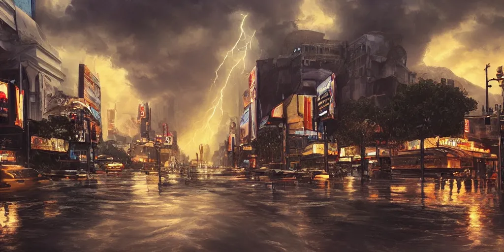 Image similar to hollywood boulevard hit by a biblical flood during a storm, dramatic lighting, beautiful, stunning landscape artwork by artgerm, rutkowski, wlop featured on artstation, cgsociety, behance hd
